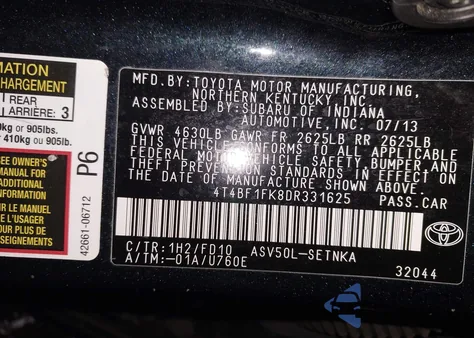 2013 Toyota Camry Le from USA, damaged, VIN 4T4BF1FK8DR331625